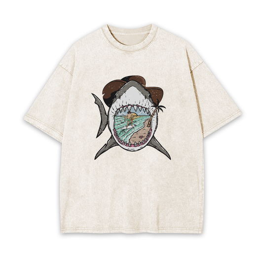 Surfing Shark Cowboy Garment-dye Tees