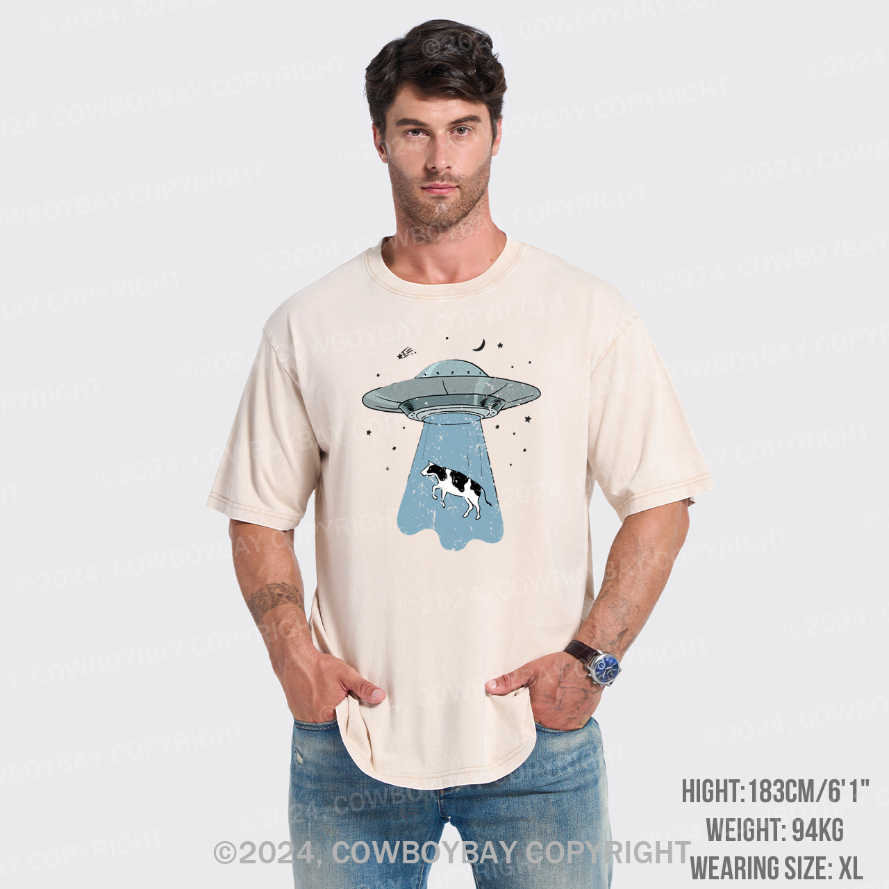 Funny UFO Alien Cow Garment-dye Tees