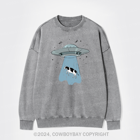 Funny UFO Alien Cow Washed Sweatshirts