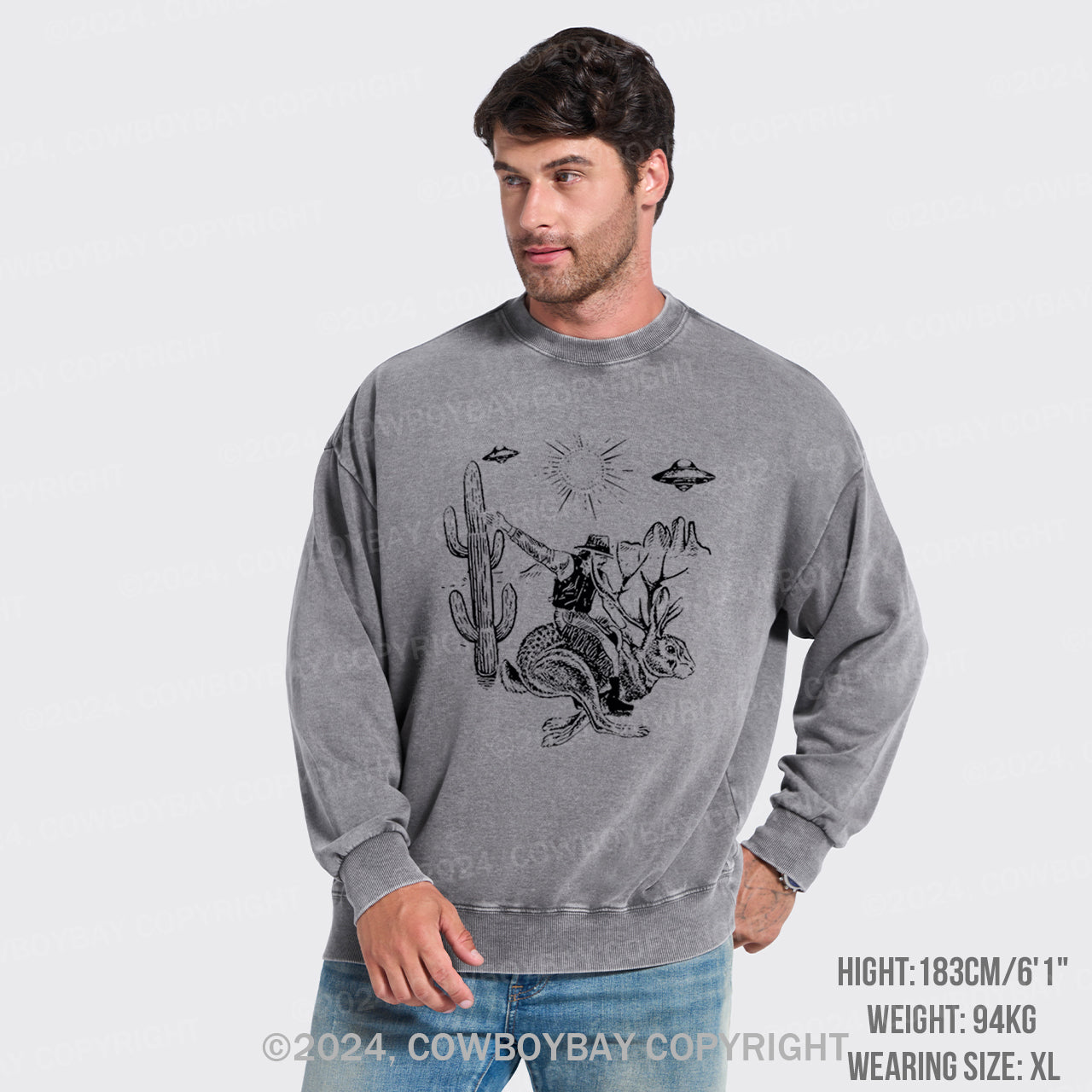 Cowboy Riding Jackalope Washed Sweatshirts