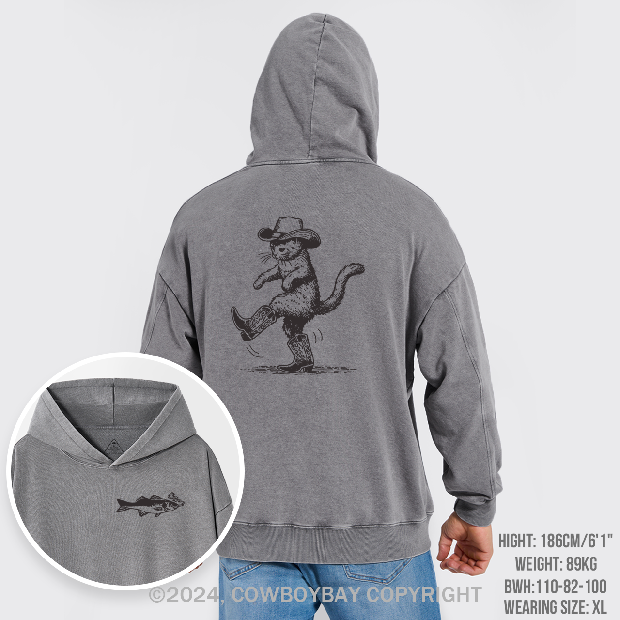 Cowboy Cat Looking for Fish Garment-Dye Hoodies