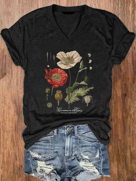 Women's Vintage Poppy Print V-Neck T-shirt