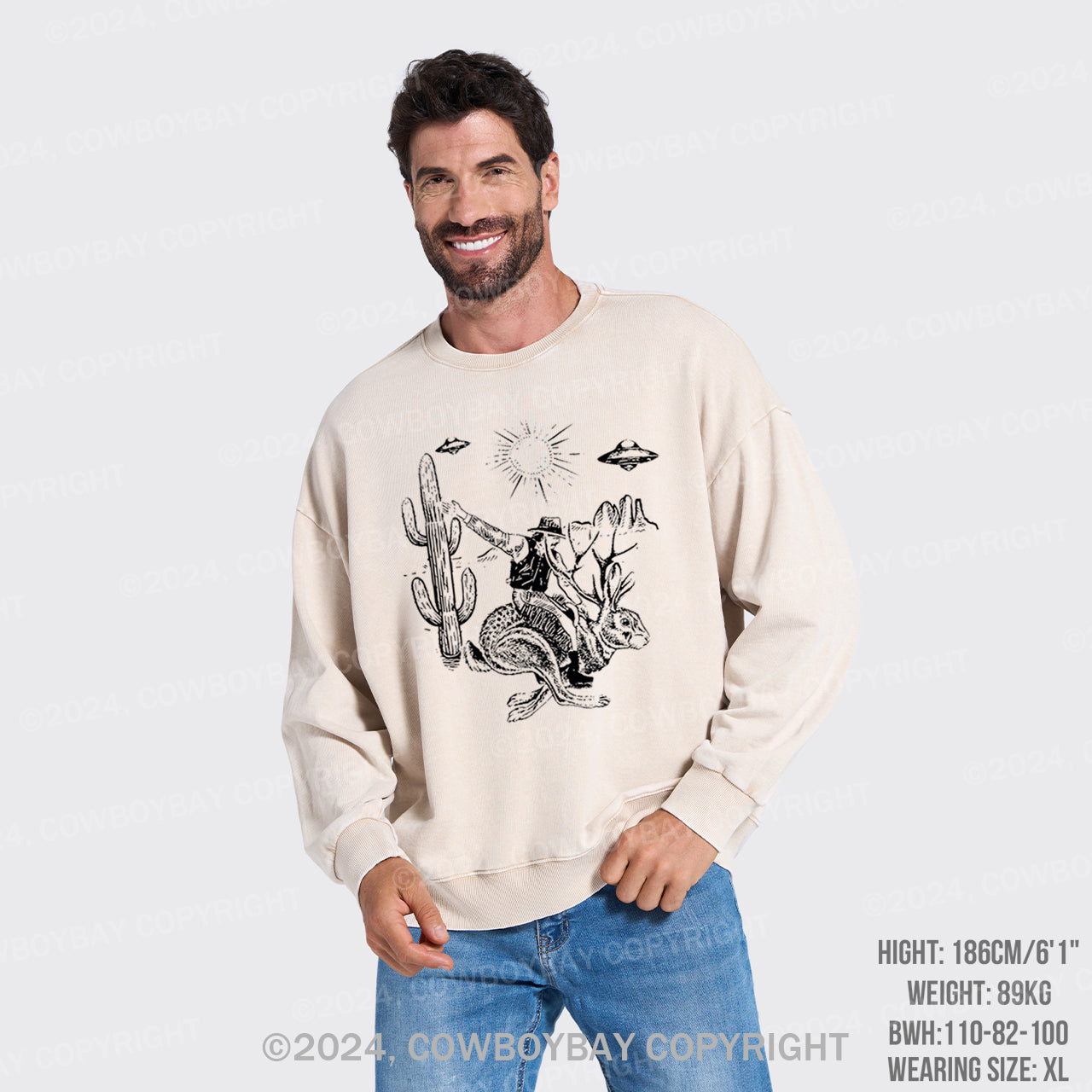 Cowboy Riding Jackalope Washed Sweatshirts