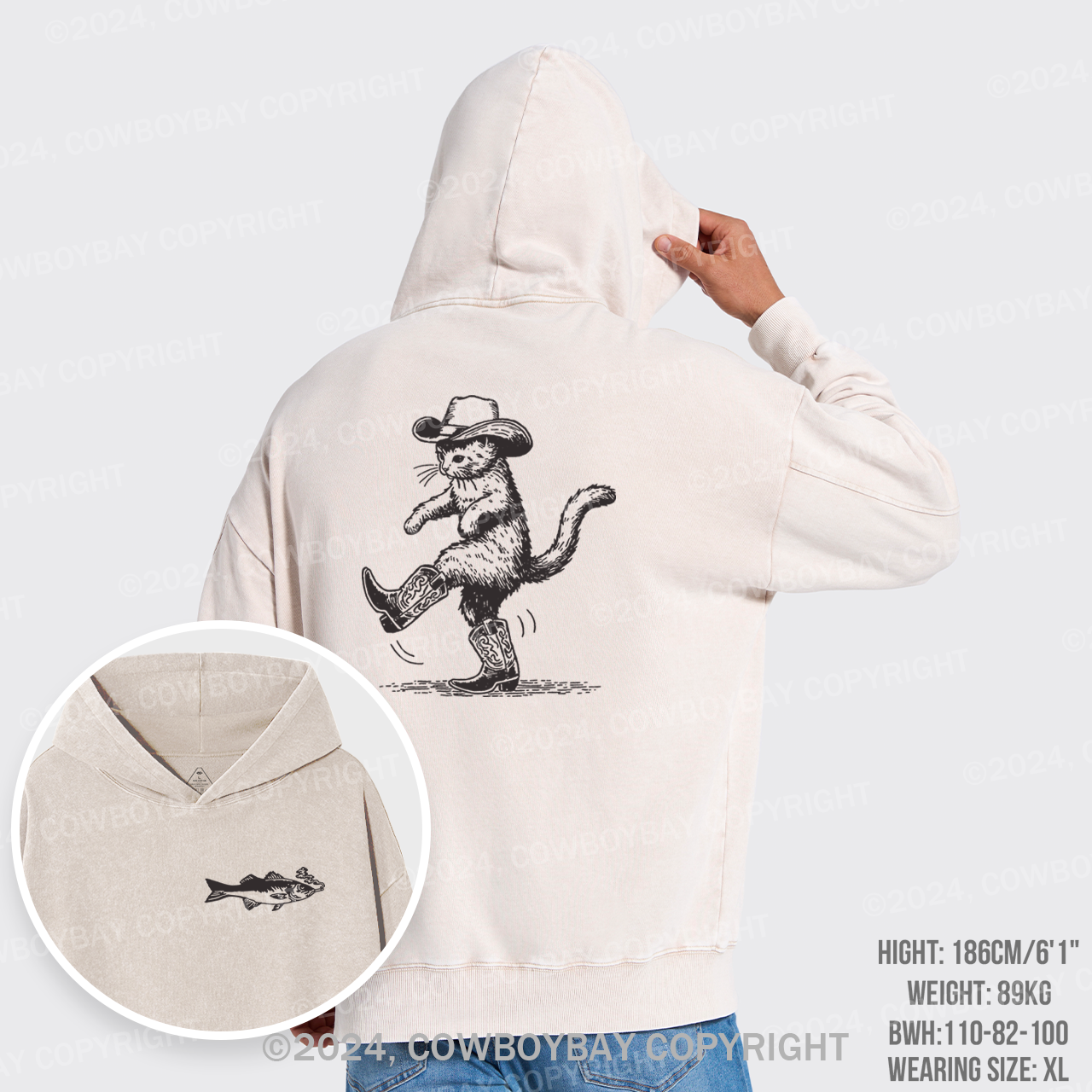 Cowboy Cat Looking for Fish Garment-Dye Hoodies