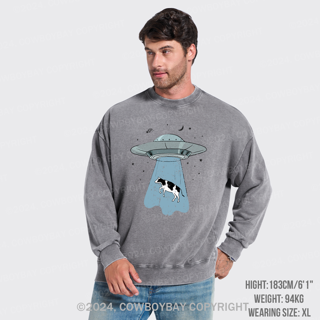 Funny UFO Alien Cow Washed Sweatshirts