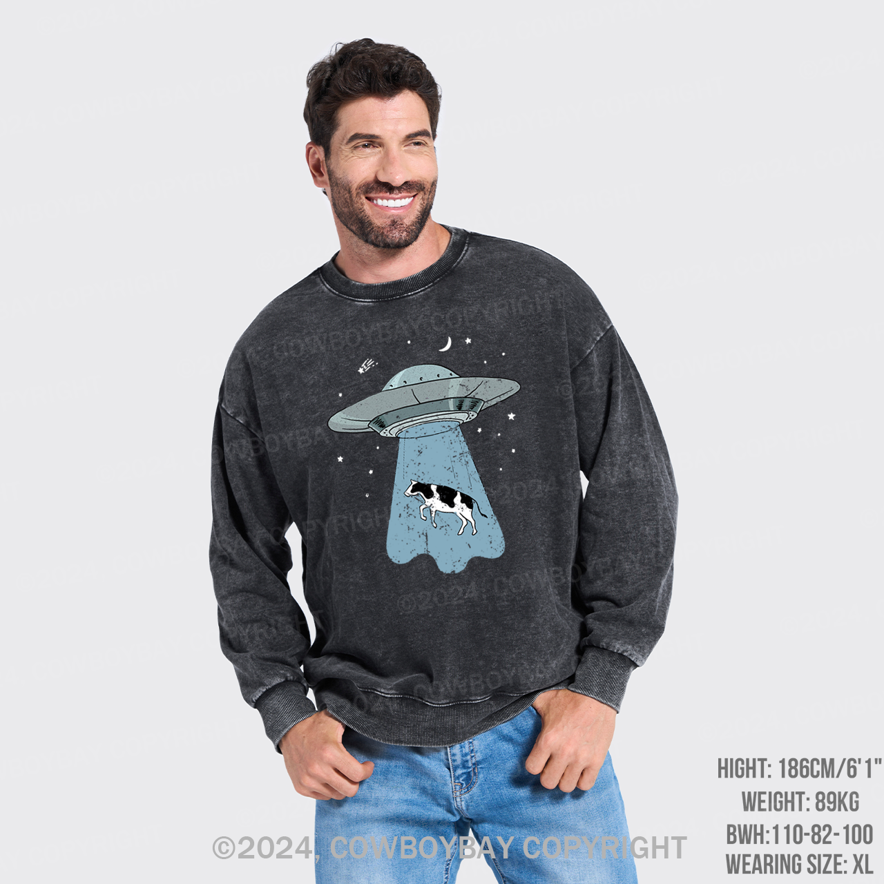 Funny UFO Alien Cow Washed Sweatshirts