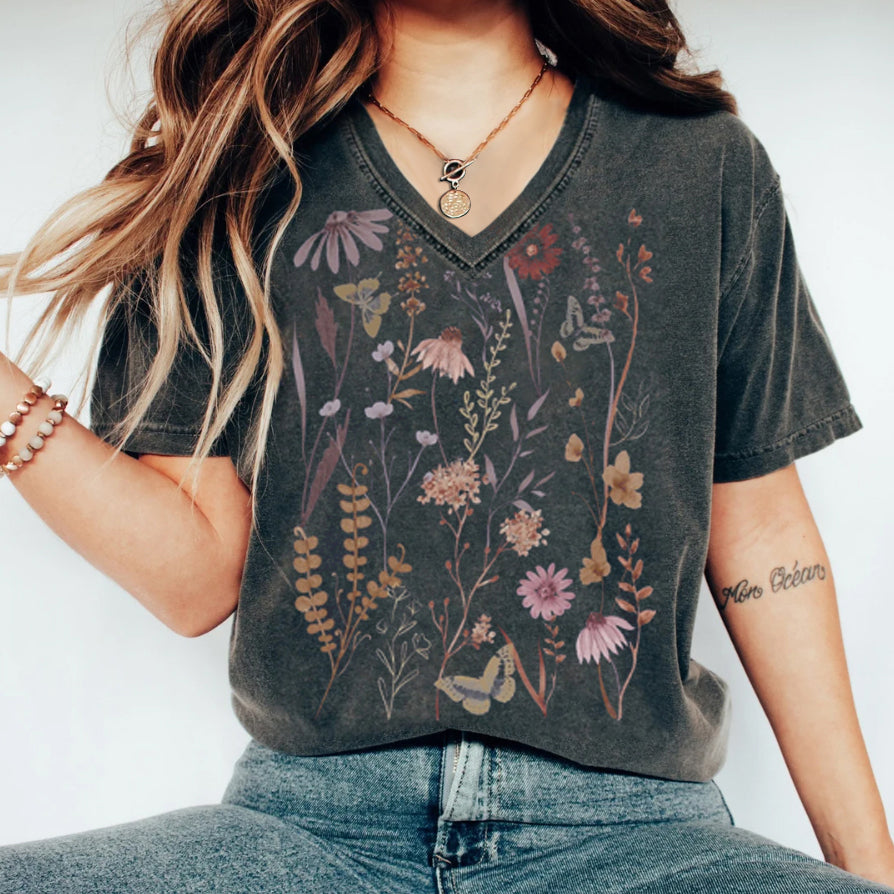 Pressed Flowers V-Neck T-shirt